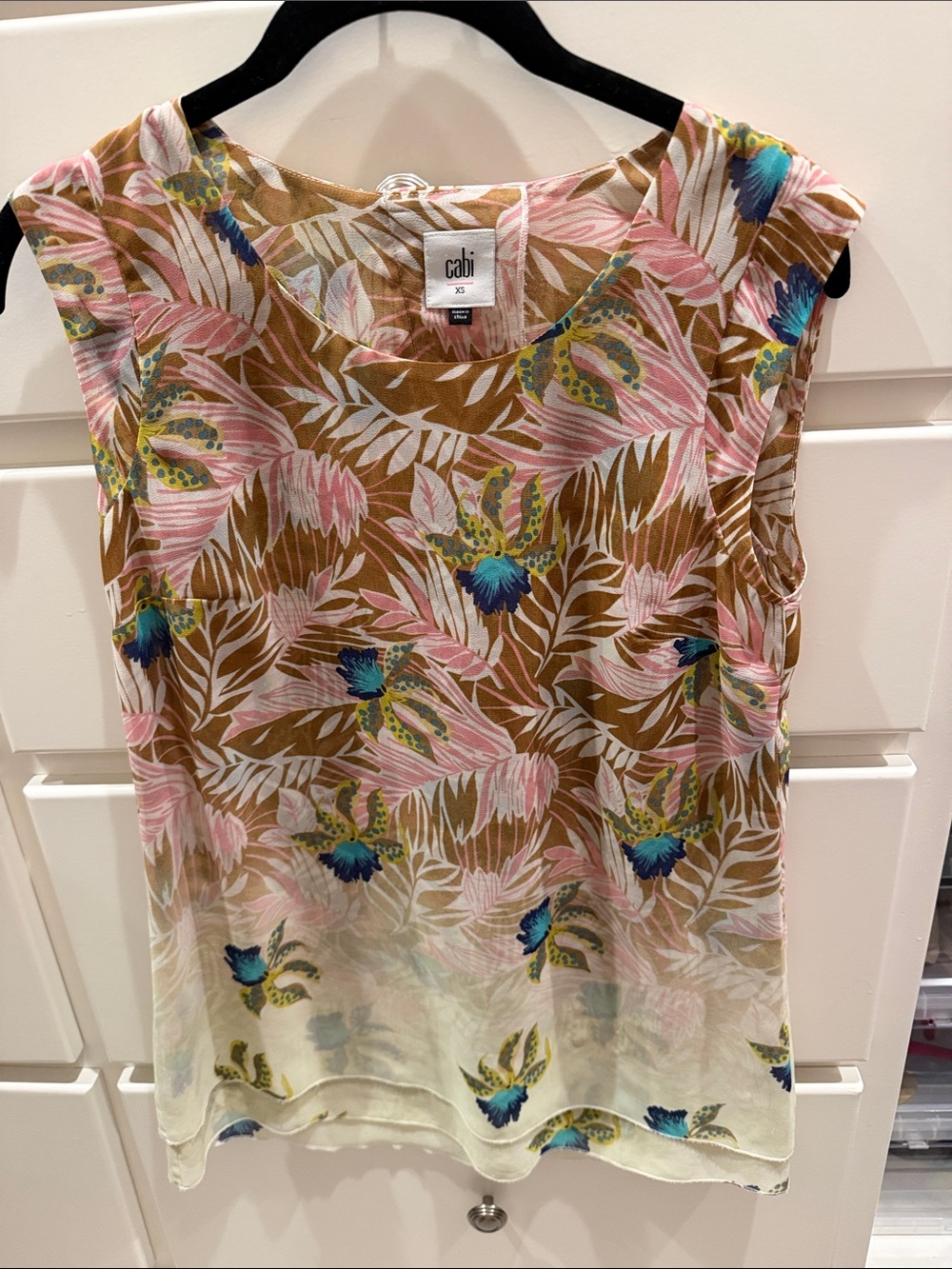 CAbi Floral Sleeveless Shell Top in Pink, Brown & Blue
